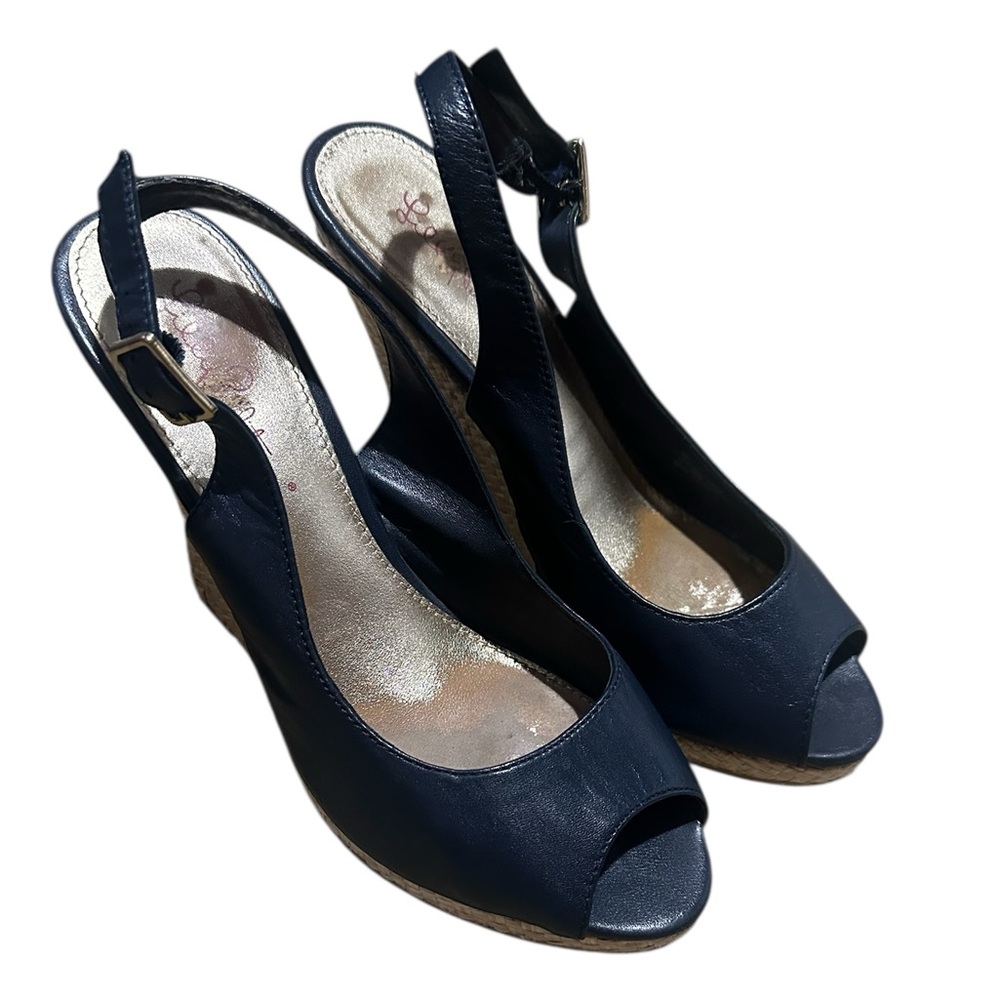 Lilly Pulitzer Krisie Wedge Sling Back Sandals Navy Blue Women's 8